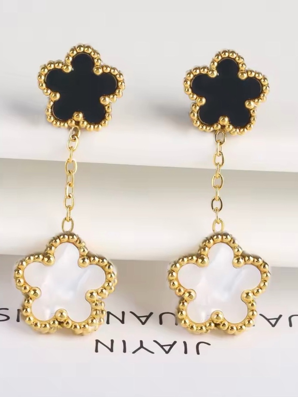 Kohl's Gold-Tone Dangle Flower Earrings with Black and White Inlay